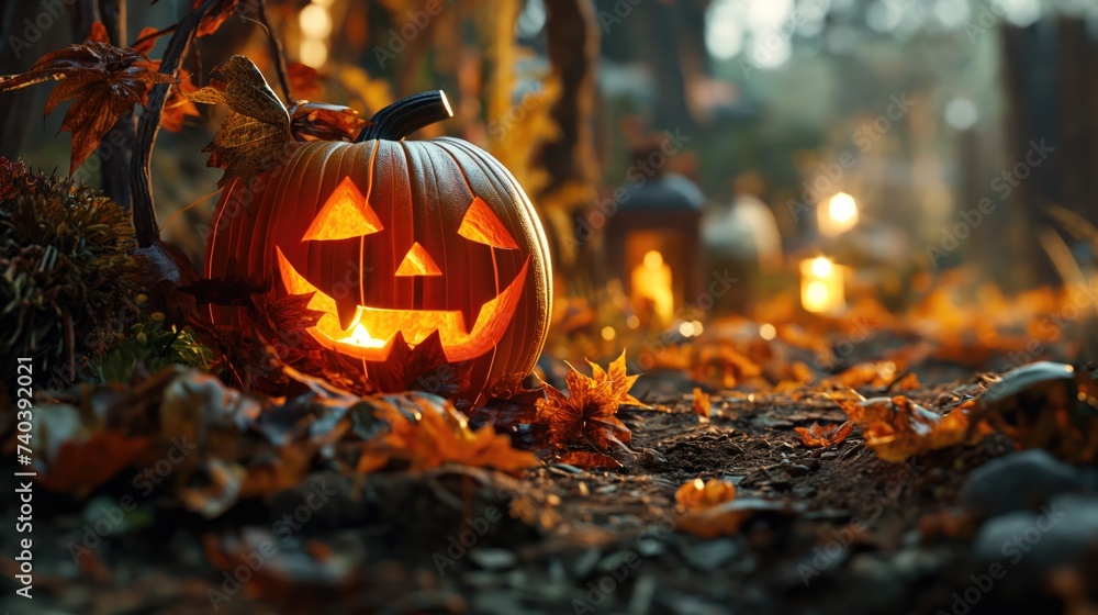 Creepy burning halloween pumpkins. Created with generative AI. - obrazy, fototapety, plakaty 