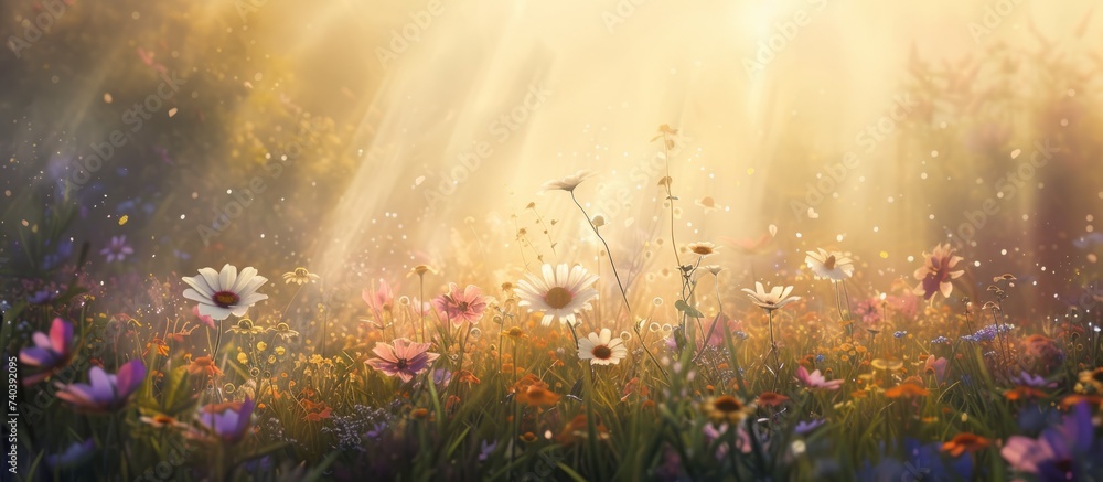 Breathtaking field of colorful flowers under dramatic cloudy sky with radiant sunlight