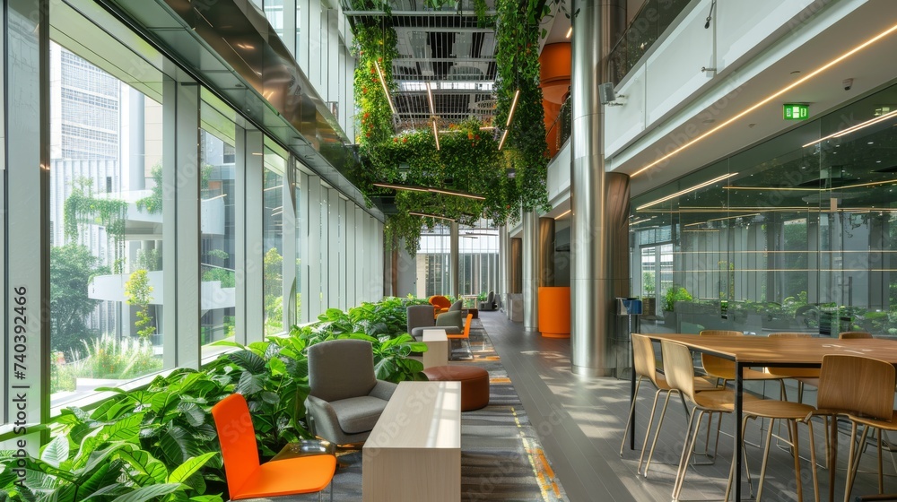 Bright and modern office interior filled with an array of indoor plants, creating a healthy and eco-friendly work environment.