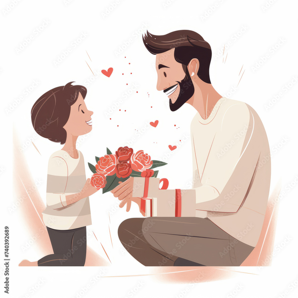 Dad receives a gift for Father’s Day from his son . Clip art in minimalism style Dad receives a gift for Father’s Day from his son . Clip art in minimalism style