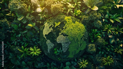 Conceptual image of a glossy Earth globe centered in the midst of a dense, vibrant green forest canopy, symbolizing ecological balance and sustainability.