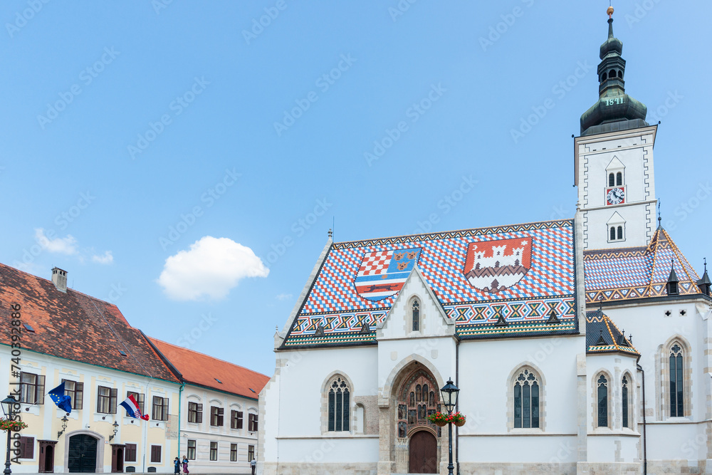 Historic St Mark's church with Zagreb coats of arms depicted in tile pattern on roof Historic St Mark's church with Zagreb coats of arms depicted in tile pattern on roof