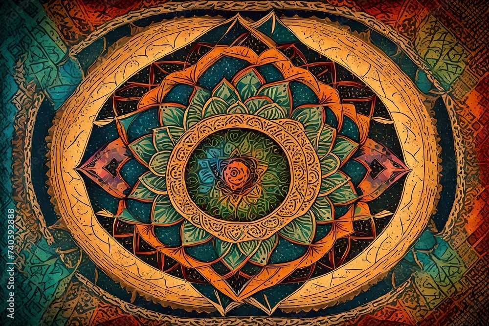 mandala colorful vintage art, ancient Indian vedic background design, old painting texture with multiple mathematical shapes