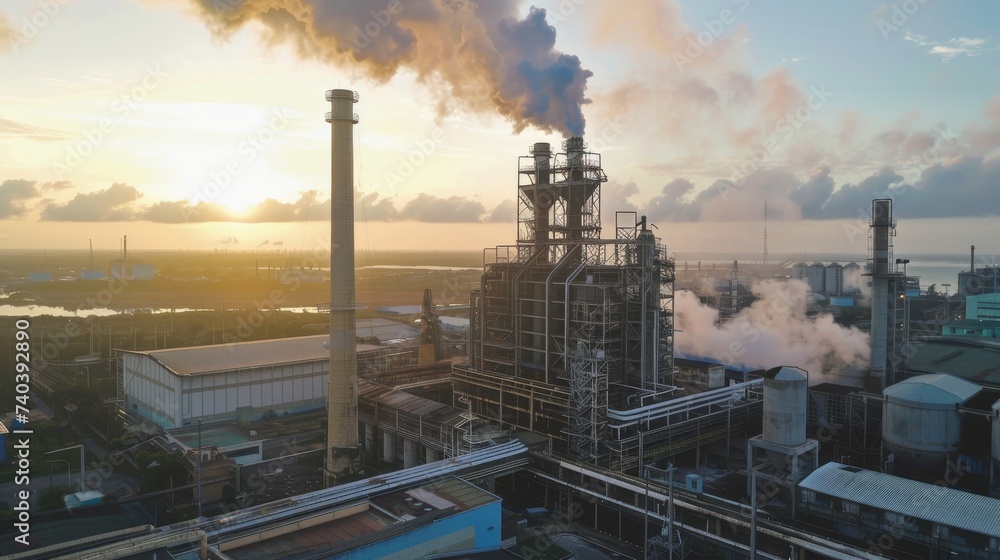Sunset view of an industrial plant emitting smoke and steam, highlighting the environmental impact of industrial activity.