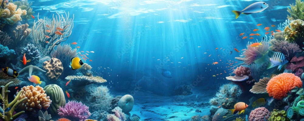 Coral reef Underwater scene with rays of light