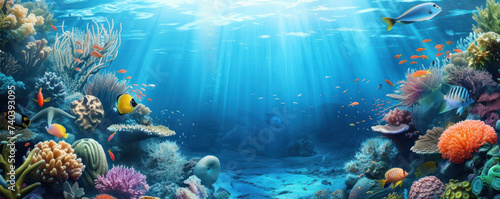 Coral reef Underwater scene with rays of light © Black Pig