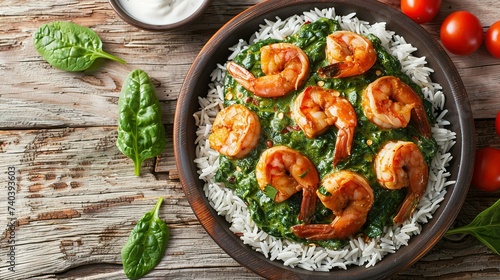 Spinach Shrimp Curry or Jheenga Palak cooked in a spinach, cream, spices, tomato and ginger served with rice closeup on the plate on the table. Horizontal top view from above