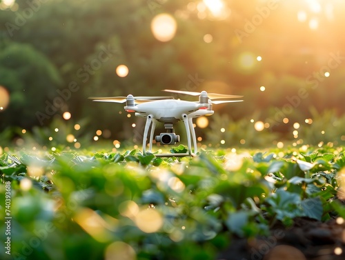 White Drone Flying Over Green Field at Sunset