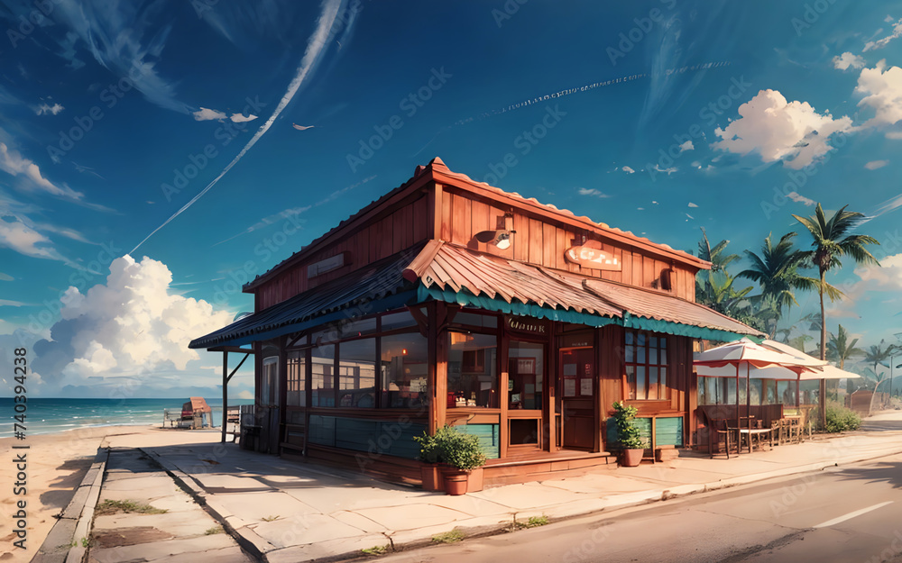 illustration of classic ice cream shop in summer beach ai generated