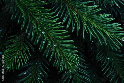 Green spruce branches with drops of dew on a black background