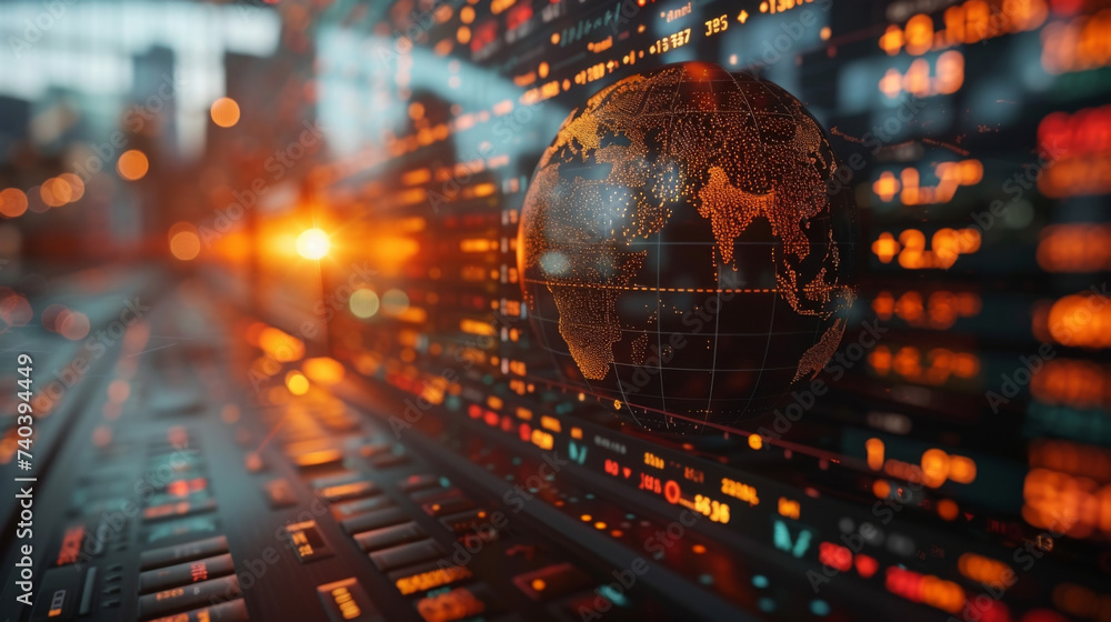 Obraz premium A large holographic globe with different continents labeled as Tax Zones. Each zone has a different color representing the varying tax laws and regulations across the world.