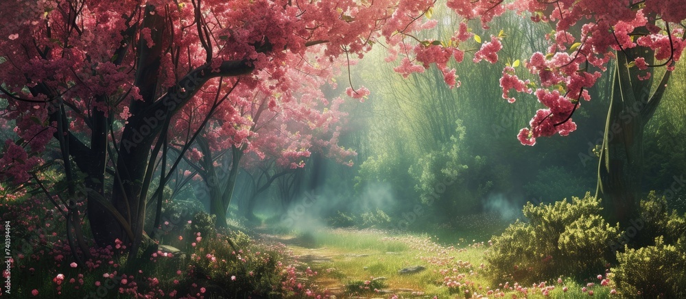 This vibrant painting depicts a forest filled with pink flowers, creating a striking and colorful springtime scene.