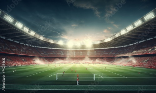 Football stadium spot view and cheering fans on background. Digital 3D illustration for sport advertising. Generative AI 