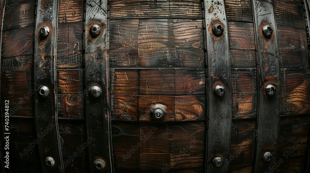 Vintage wooden barrel with metal bands on a dark background
