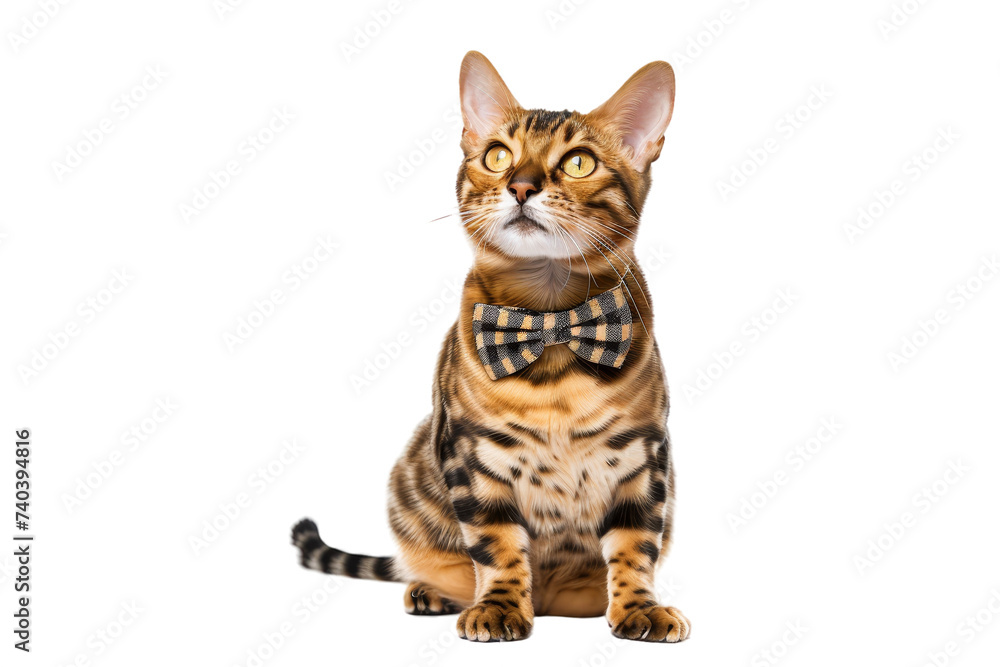 Bengal cat wearing a bow tie, isolated on white background. Bengal cat wearing a bow tie, isolated on white background.