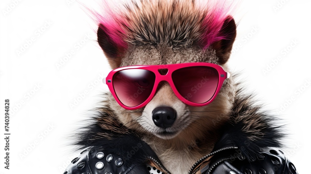 Punk rock bear in sunglass isolated on white background. presentation. advertisement. invitation. copy text space.