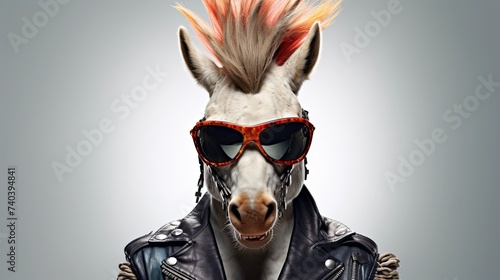 Punk rock horse in sunglasses isolated on white background. presentation. advertisement. invitation. copy text space.
