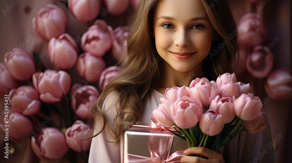 Fototapeta premium woman with tulips gift box on flower background. Mother's day-valentine's day. greeting card. presentation.
