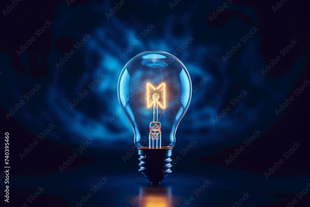 The brilliance of a solitary 3D bulb against a velvety dark blue background, captured in stunning detail by an HD camera. - obrazy, fototapety, plakaty 