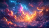 fantastical space vista with vivid clouds and celestial bodies at twilight