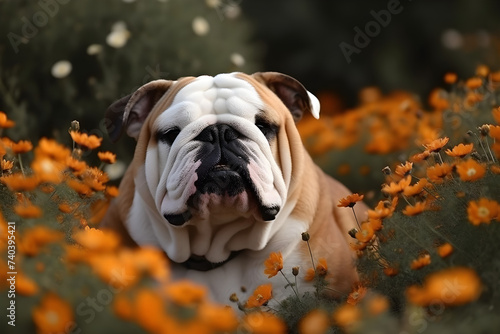 cute fat dog on flowers 