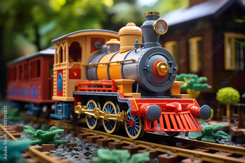 Whimsical 3D-modeled train toy chugging along a vibrant track, evoking the joy of locomotive adventures for young ones