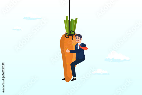Seduced businessman jump in the air to catch tempting carrot baiting lure from the stick, motivation and incentive to motivate employee, reward or trick to influence people or manipulation (Vector)