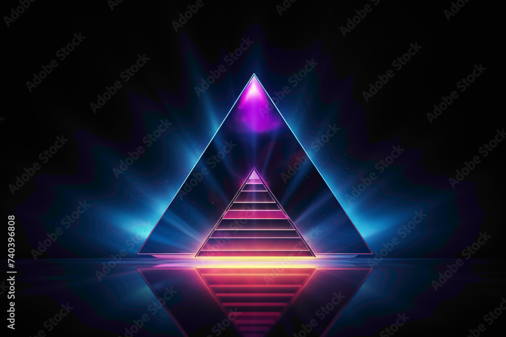 Illuminated 3D pyramid logo with a holographic sheen, standing out against a dark background with a futuristic aura - obrazy, fototapety, plakaty 