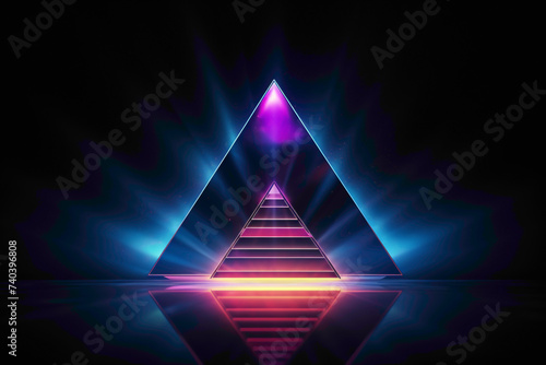 Illuminated 3D pyramid logo with a holographic sheen, standing out against a dark background with a futuristic aura