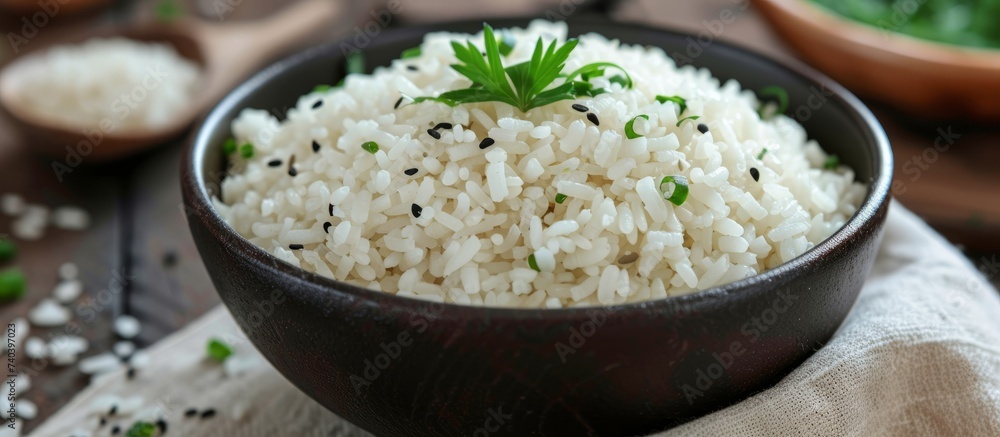 Aromatic bowl of rice with fragrant parise leaves and crunchy parise seeds, healthy homemade meal Aromatic bowl of rice with fragrant parise leaves and crunchy parise seeds, healthy homemade meal