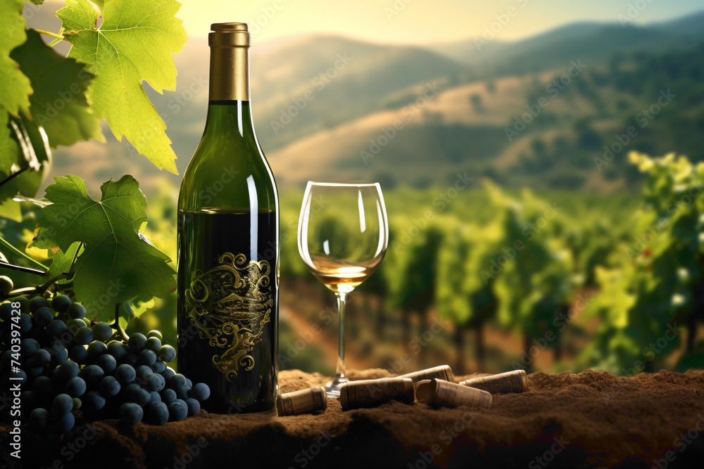 An elegant scene featuring a vine bottle amidst vineyard scenery, with vibrant green vines in the background.