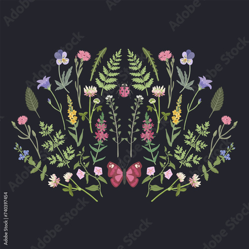 field flowers and butterfly, vector drawing wild plants and insect at black background, floral composition for cover design, natural print in boho style, hand drawn botanical illustration