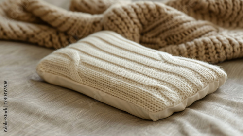 Detailed view of a simple rectangular hand warmer with a knitted cover and a thin flexible heat pad inside. © Justlight