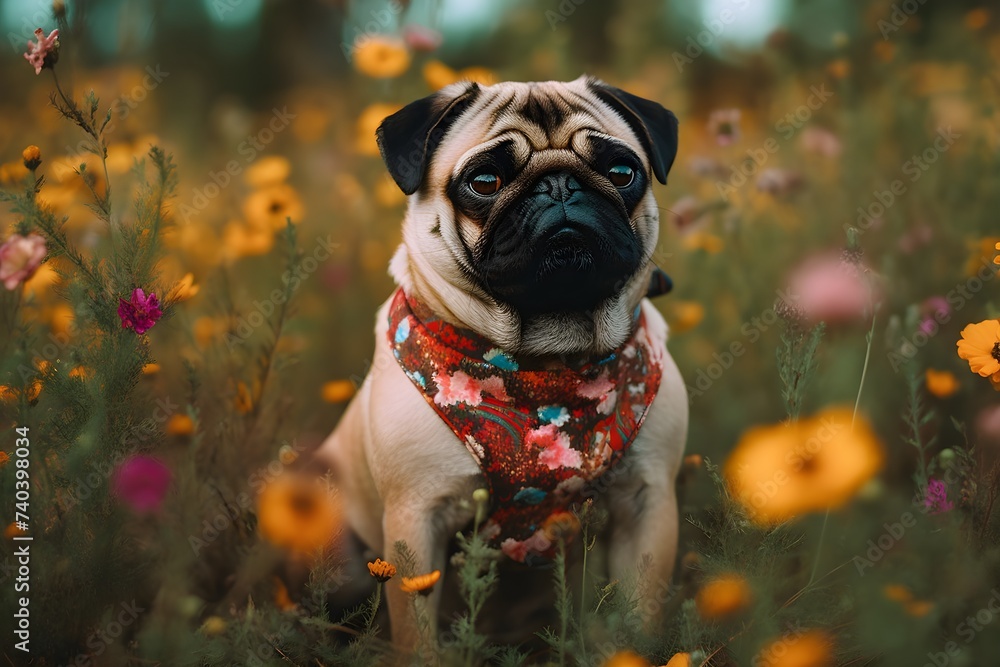 cute pug covered in wildflowers