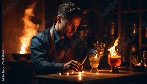 portrait of a bartender preparing a cocktail with fire