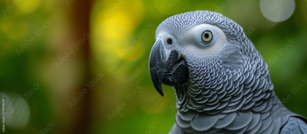 Fototapeta premium Close up of an African grey parrot with its head turned towards the camera, showing its vibrant feathers, sharp beak, and piercing eye