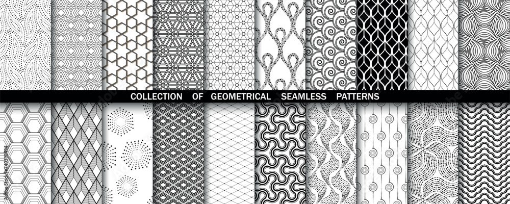 Geometric set of seamless black and white patterns. Simple vector graphics