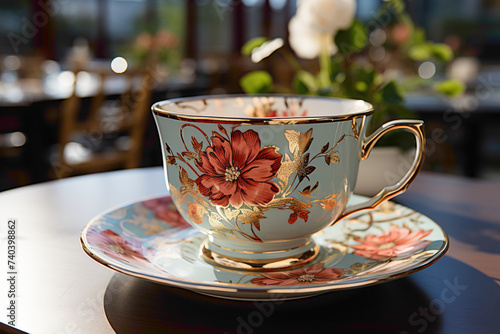 A charming disposable teacup with a floral pattern enhancing a breakfast table