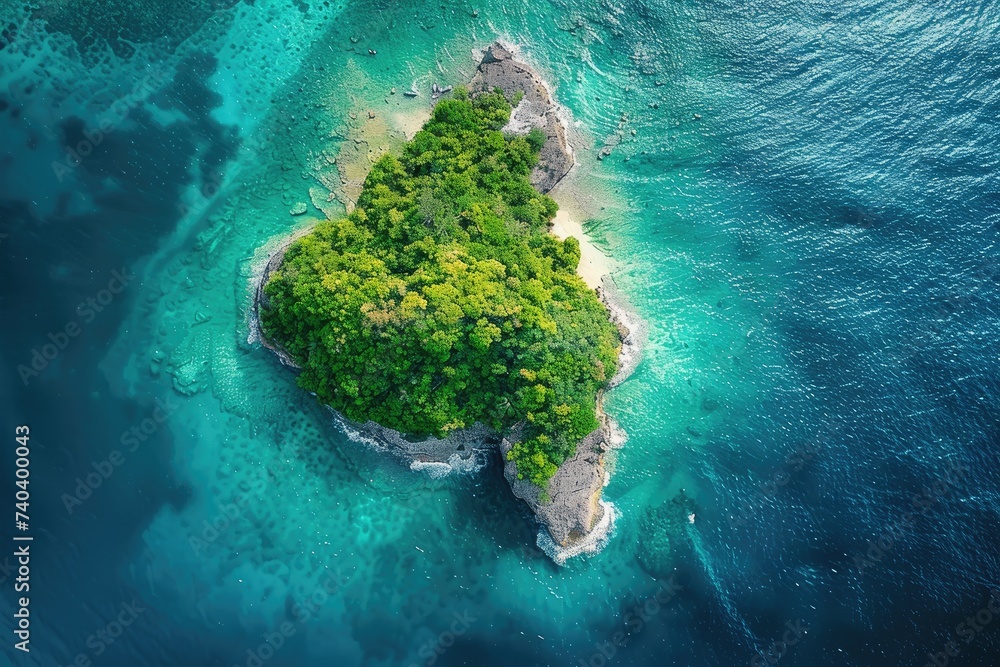 Top view of a beautiful island with lots of vegetation. - obrazy, fototapety, plakaty 