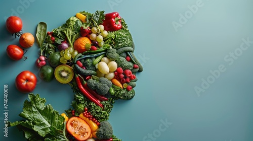 A woman's head made of vegetables, berries and fruits on a blue background.