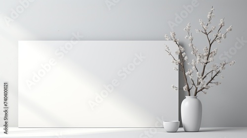 A flowering branch in a white jug and a white canvas on a gray background. Spring sale.