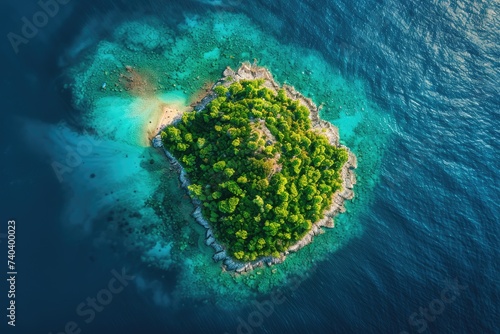 An island covered with forests and illuminated by the sun in the middle of the ocean.