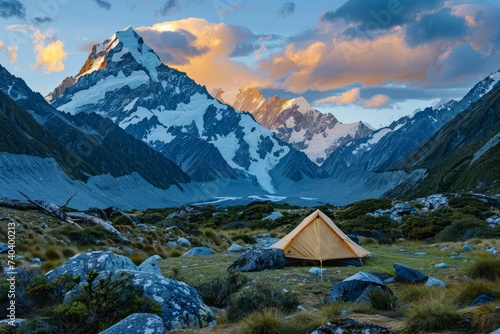 Scenic view of a mountain campsite at sunrise Tent pitched with majestic peaks in the distance