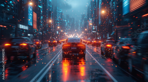 A futuristic cityscape with towering buildings and sleek vehicles representing the tingedge technology behind peertopeer financing. The city is buzzing with activity as data © Justlight