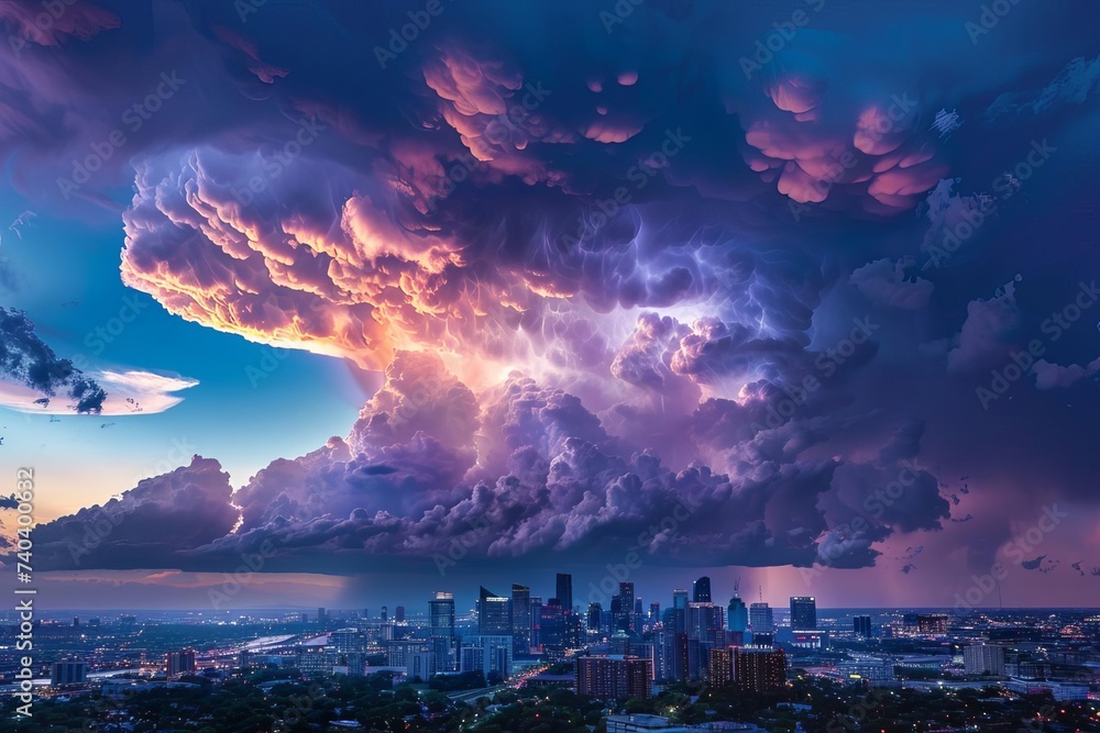 Dramatic thunderstorm captured over a city skyline Illustrating the power and beauty of natural elements