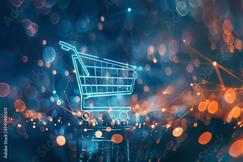 Digital illustration of e-commerce with a shopping cart icon over a soft blue background Symbolizing the convenience and accessibility of online shopping.