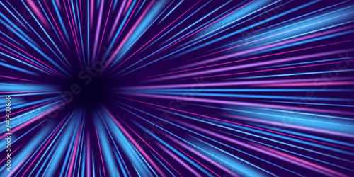 Light speed blue rays, perspective tunnel with neon radial traces. Motion effect and abstract bright zoom road. Comic manga vector illustration photo