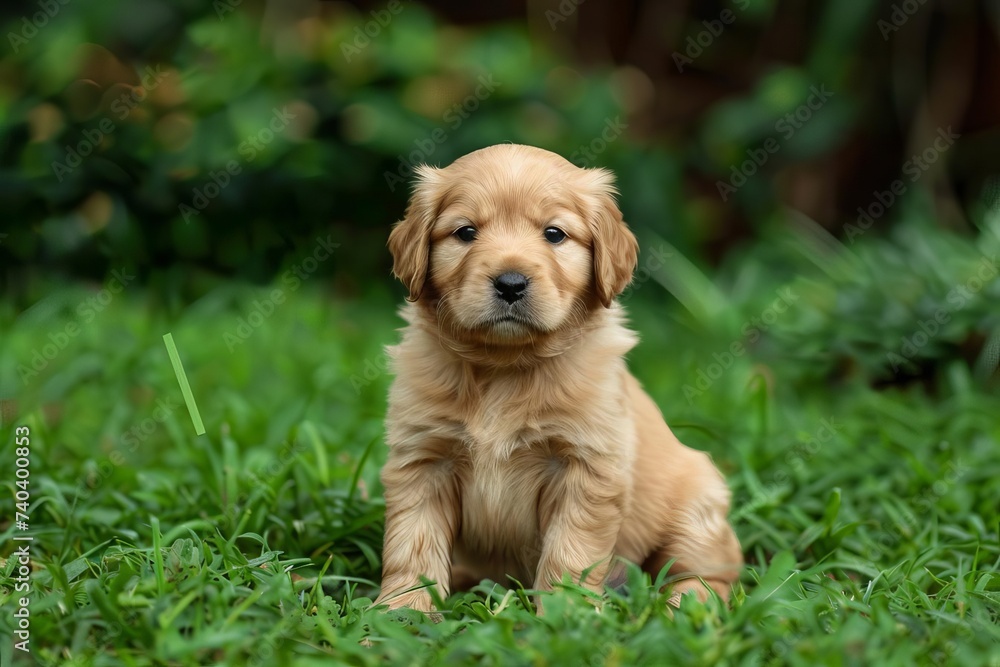 Golden retriever puppy sitting on a lush green lawn Looking at the camera with a head tilt