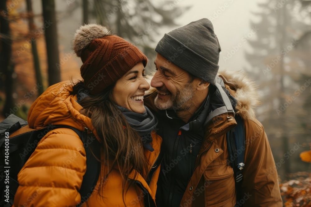 Happy couple enjoying an autumn walk in the forest Sharing moments of joy and connection Happy couple enjoying an autumn walk in the forest Sharing moments of joy and connection