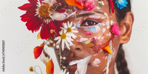 Portrait of a Native American young woman with long, flowing red hair adorned with flowers, presenting an abstract contemporary art collage.